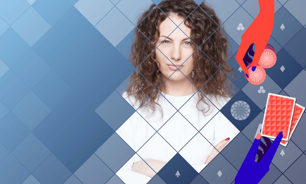 woman with curly brown hair with clip art poker chips and cards on blue Poker Power grid background