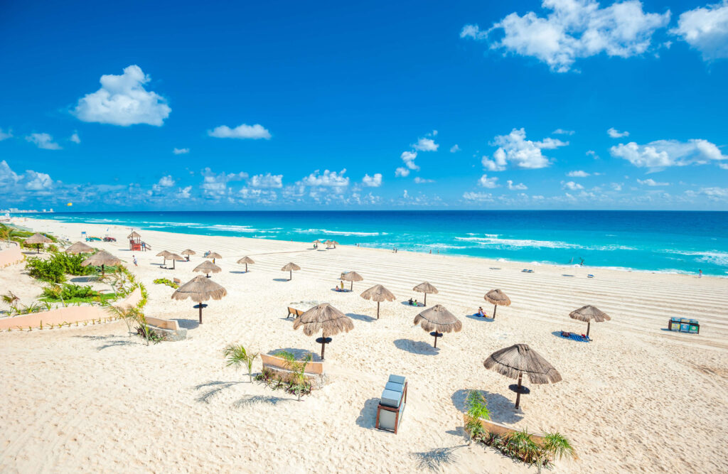 beach umbrellas under blue sky with ocean