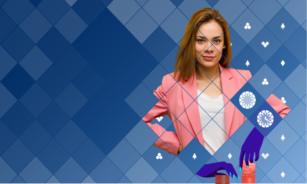 Bold woman in pink jacket with blue Poker Power grid