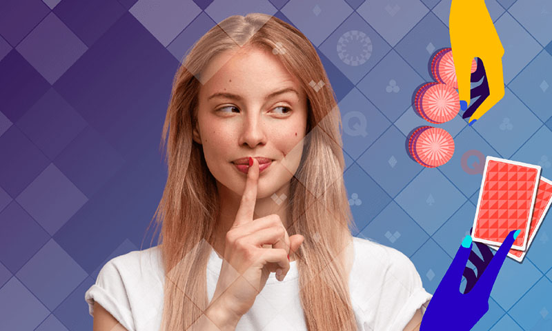woman thinking about how to play her cards while slow playing poker on purple background with illustrated chips