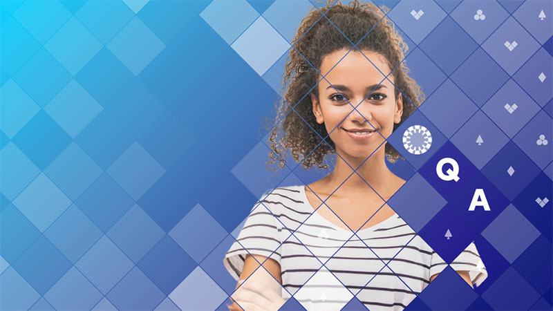 confident woman smiling with curly hair in striped shirt stands against blue gradient Poker Power background